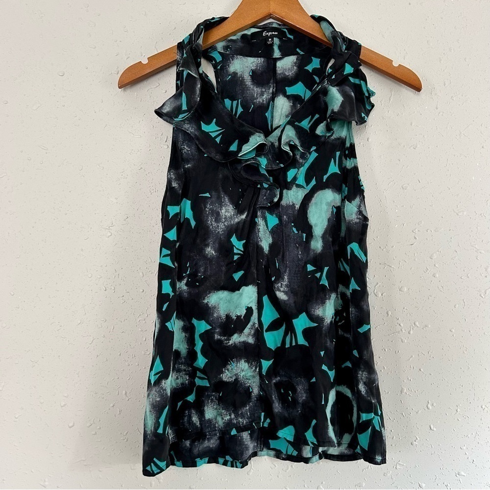 ๐ฆ Express Vintage Y2K Silk Mint Black Green Ruffle Sleeveless Blouse Holiday